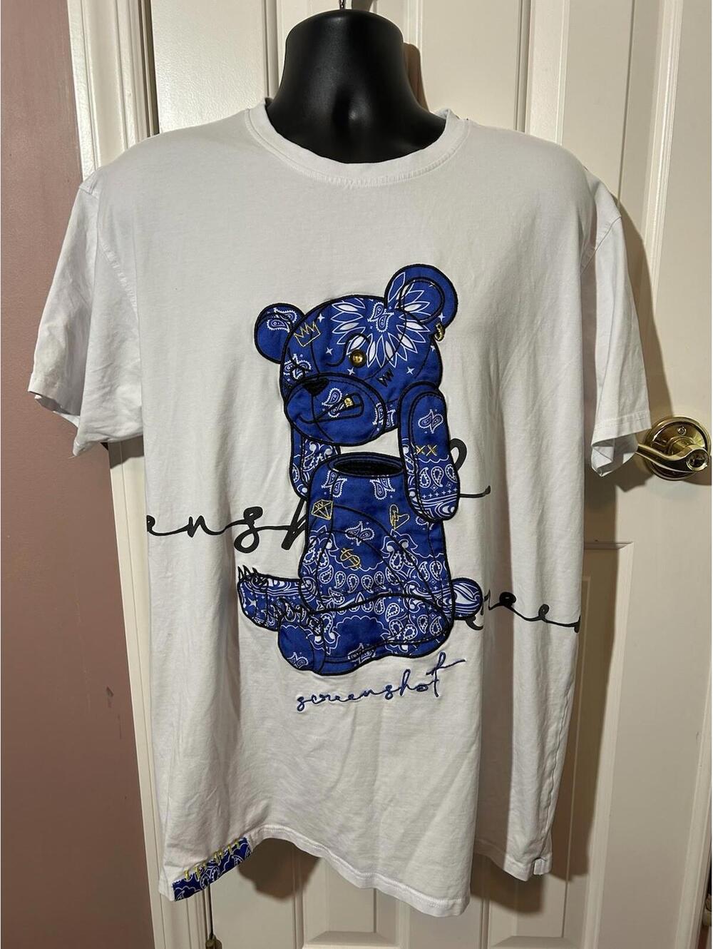 Screenshot Brand T Shirt Mens 2XL Blue Paisley Bear Embroidered Money Diamonds